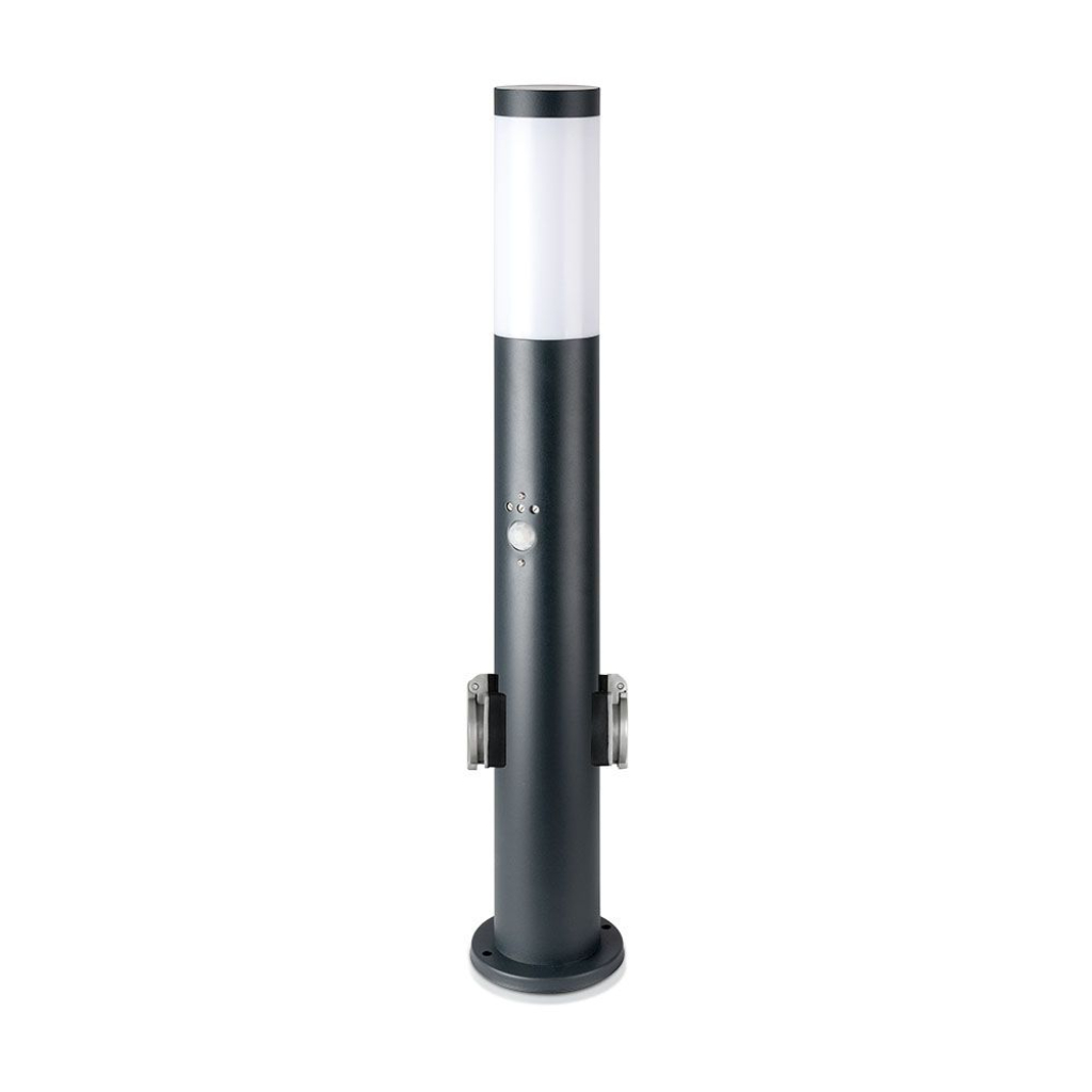 [VQ22689761] BALIZA DE JARDÍN DE ACERO INOXIDABLE E27 60CM PIR SENSOR 2 ENCHUFES ESTÁNDAR EUROPEO CUERPO GRIS IP44