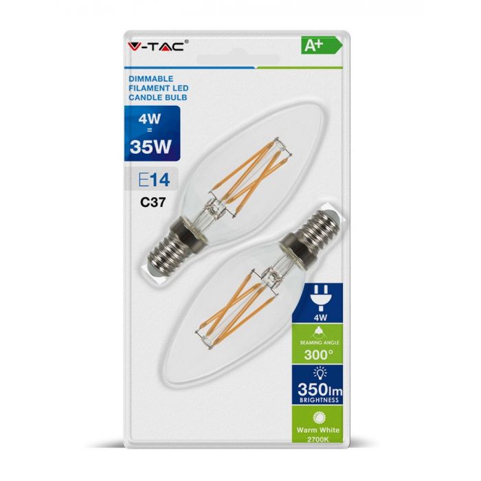 ¬[VZ14568] BOMBILLA LED V-TAC E14 TIPO VELA 4W FILAMENT 350LM 2700K