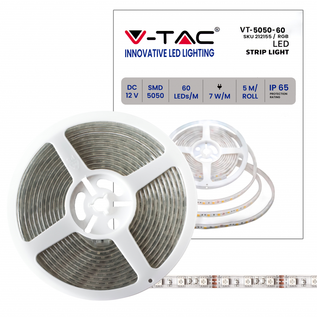 ¬[VZ4247082] KIT TIRA LED 12V 7W/M SMD5050 7W/M 60LEDS/M 5M/ROLLO IP65 RGB + FUENTE DE ALIMENTACIÓN COMPACTA 12V