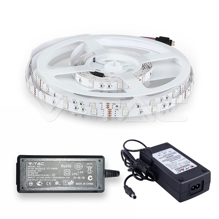 ¬[VZ470022] TIRA LED V-TAC 12V DC 4.8W SMD5050 30LED/M 500LM/M PCB 10MM IP20 RGB (Rollo de 5m.)