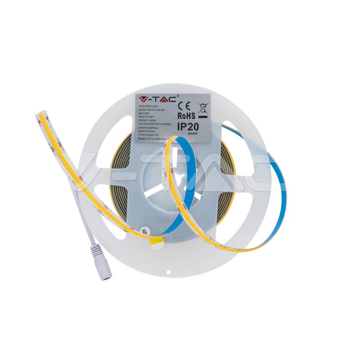 ¬[VZ5334] TIRA LED V-TAC 24V DC 10W COB 420LED/M 1000LM/M PCB 10MM CRI>80 IP20 3000K (Rollo de 5m.)