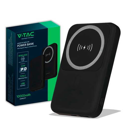 [23038] ¬[VZ46076] POWER BANK INALÁMBRICO MAGNÉTICO DE 10000 MAH CON ANILLO DE METAL NEGRO