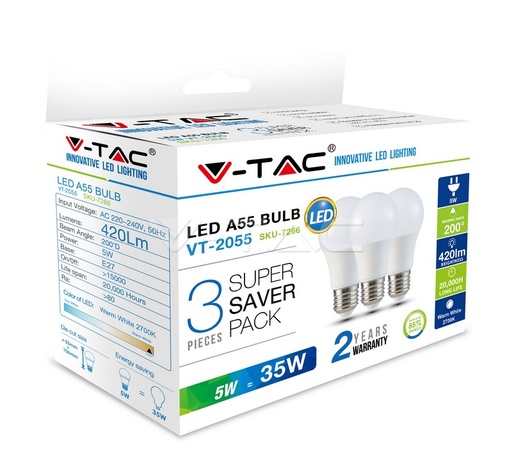 [7266] ¬[VZ14532] BOMBILLA LED 5W E27 A55 TERMOPLÁSTIC (3 UNID./PACK)  2700K