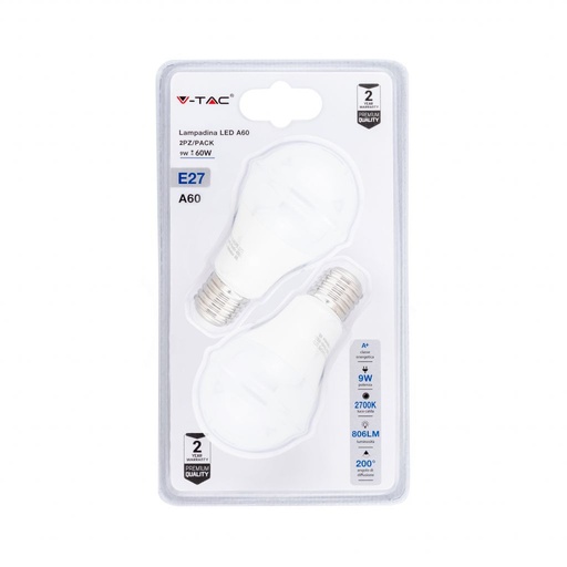 [7294] ¬[VZ14588] BOMBILLA LED V-TAC E27 A60 9W SMD 806LM 2700K