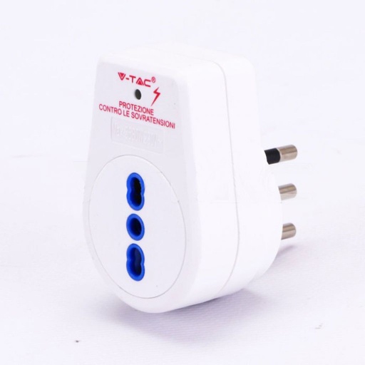 [8832] [VQ22688321] ADAPTADOR INDIVIDUAL V-TAC CON TOMA DOBLE DE 10/16 A Y ENCHUFE DOBLE DE 16 A, PROTECCIÓN CONTRA SOBRETENSIONES, COLOR BLANCO