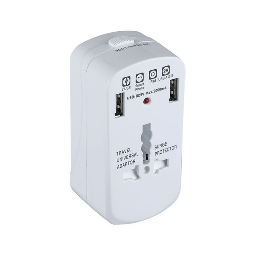 [8704] [VQ22687041] ADAPTADOR V-TAC CON ENCHUFE UNIVERSAL, 2 PUERTOS USB, ENCHUFE AMERICANO, EUROPEO Y BRITÁNICO, PROTECCIÓN CONTRA SOBRECARGAS. COLOR BLANCO.