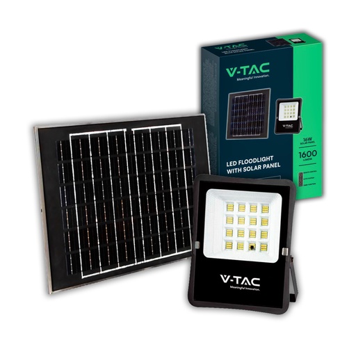 [6968] [VQ22669681] PROYECTOR LED V-TAC 16W SOLAR PANEL; 11.5 REAL WATTS SMD 1600LM 100° COLOR NEGRO IP65 6400K