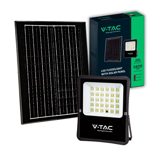 [6970] [VQ22669701] PROYECTOR LED V-TAC 20W SOLAR PANEL; 11.5 REAL WATTS SMD 2400LM 100° COLOR NEGRO IP65 6400K